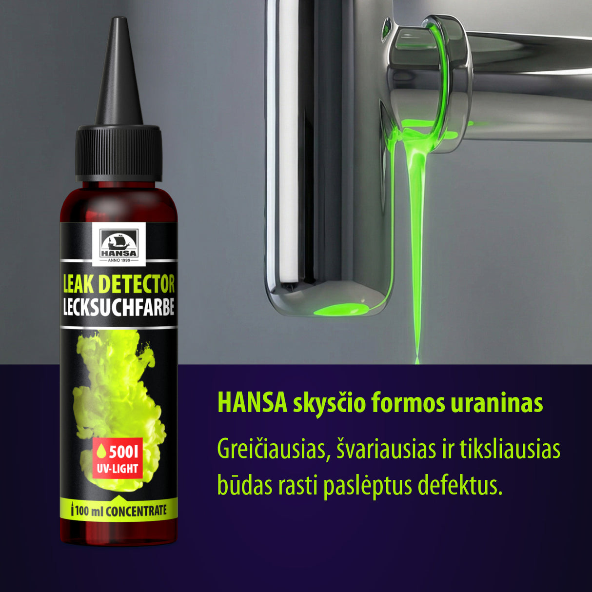 Hansa nuotėkio aptikimo skystis – dujų, oro ir vandens nuotėkių aptikimui