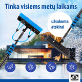 6 m teleskopinio valymo rinkinio komplektacija su šepečiu ir vandens jungtimis.