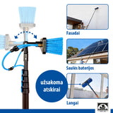 Aukštų paviršių valymas nuo žemės be kopėčių naudojant teleskopinį kotą.