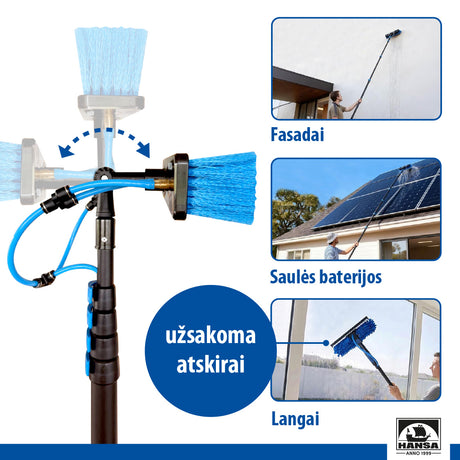 Aukštų paviršių valymas nuo žemės be kopėčių naudojant teleskopinį kotą.